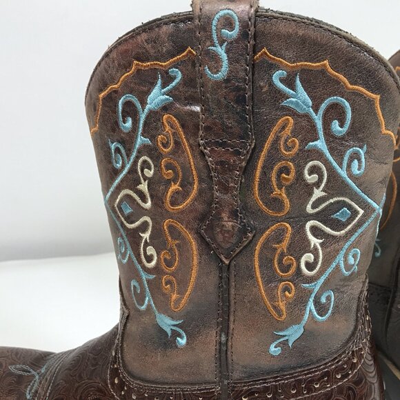 Ariat Boots Women 8 Fatbaby Brown Teal Embroidered Floral Square Toe Western - Picture 7 of 14